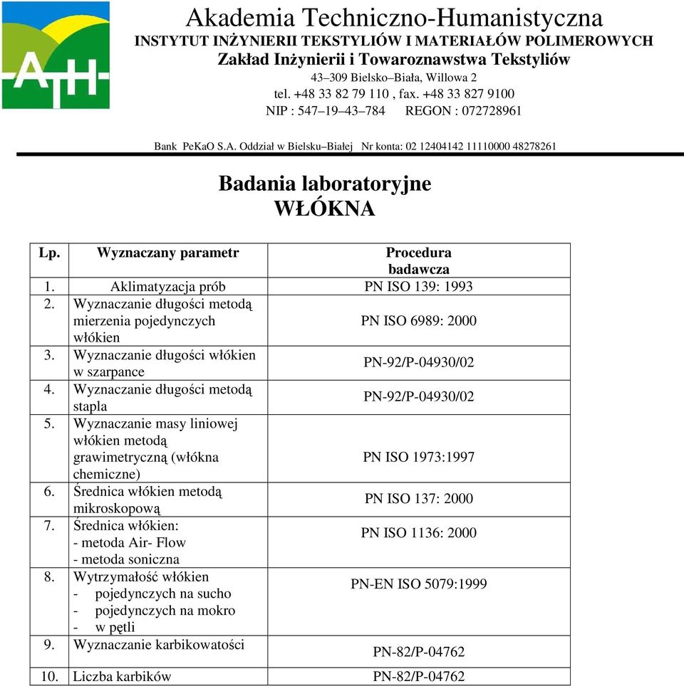 Wyznaczanie masy liniowej włókien metodą grawimetryczną (włókna PN ISO 1973:1997 chemiczne) 6. Średnica włókien metodą mikroskopową PN ISO 137: 2000 7.