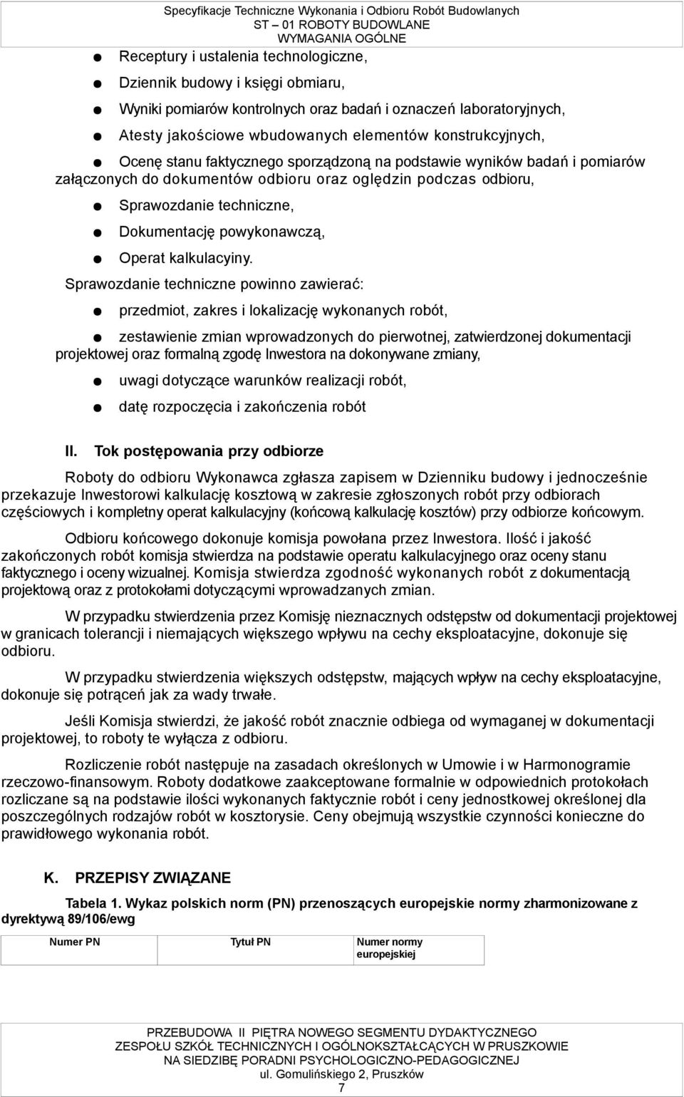 oględzin podczas odbioru, Sprawozdanie techniczne, Dokumentację powykonawczą, Operat kalkulacyiny.