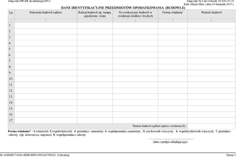 Nr ewidencyjny budowli w ewidencji środków trwałych Forma władania * Wartość budowli 1 2 3 4 5 6 10. 11. 12. 13. 14. 15. 16. 17. Wartość budowli ogółem (oprócz zwolnionych): Forma władania* - 1.