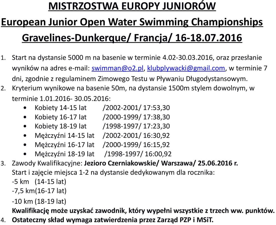 2016: Kobiety 14-15 lat /2002-2001/ 17:53,30 Kobiety 16-17 lat /2000-1999/ 17:38,30 Kobiety 18-19 lat /1998-1997/ 17:23,30 Mężczyźni 14-15 lat /2002-2001/ 16:30,92 Mężczyźni 16-17 lat /2000-1999/