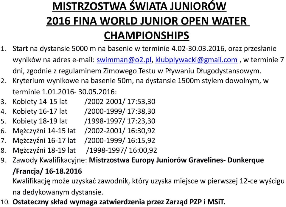 Kobiety 18-19 lat /1998-1997/ 17:23,30 6. Mężczyźni 14-15 lat /2002-2001/ 16:30,92 7. Mężczyźni 16-17 lat /2000-1999/ 16:15,92 8. Mężczyźni 18-19 lat /1998-1997/ 16:00,92 9.