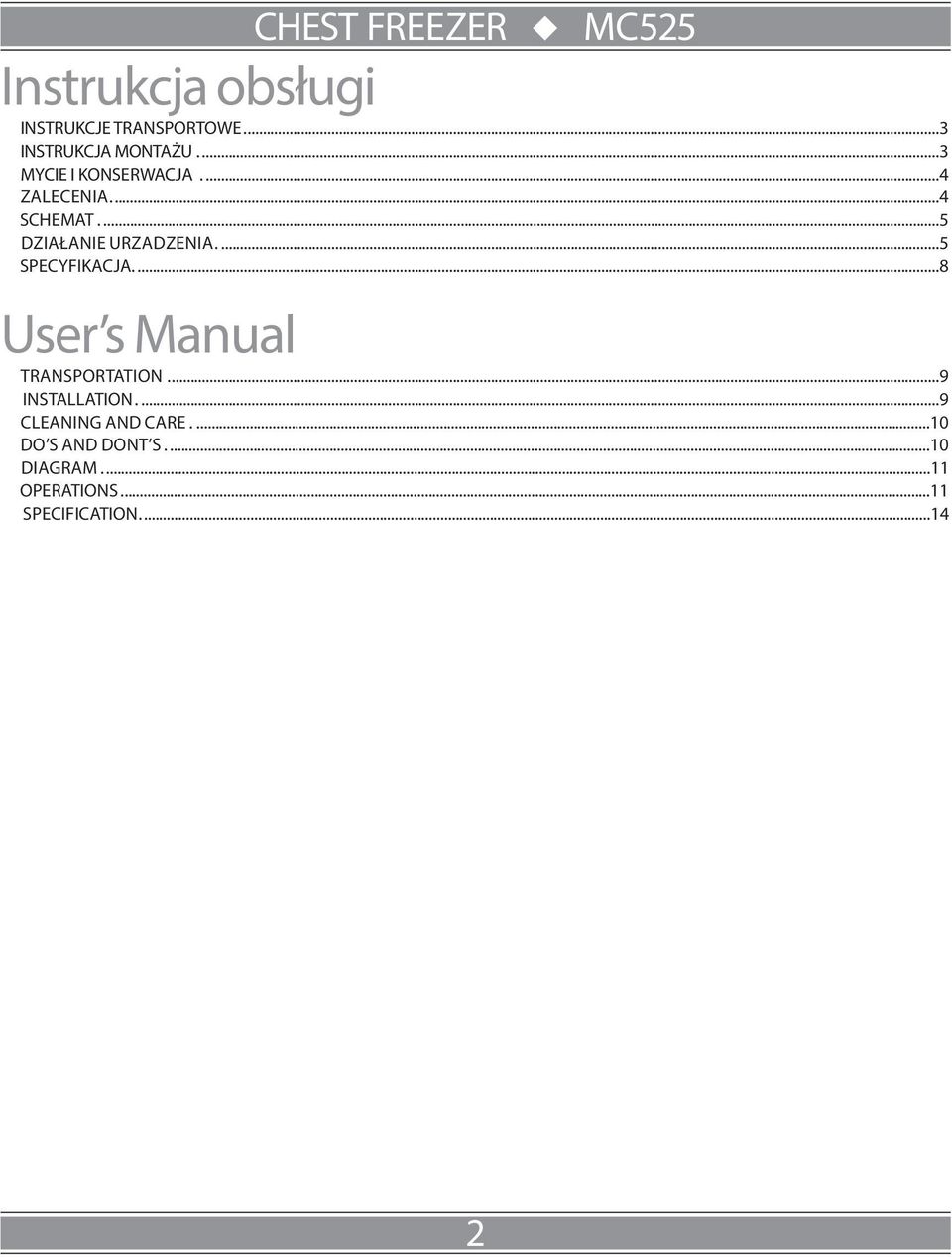 ...5 SPECYFIKACJA....8 User s Manual TRANSPORTATION...9 INSTALLATION.