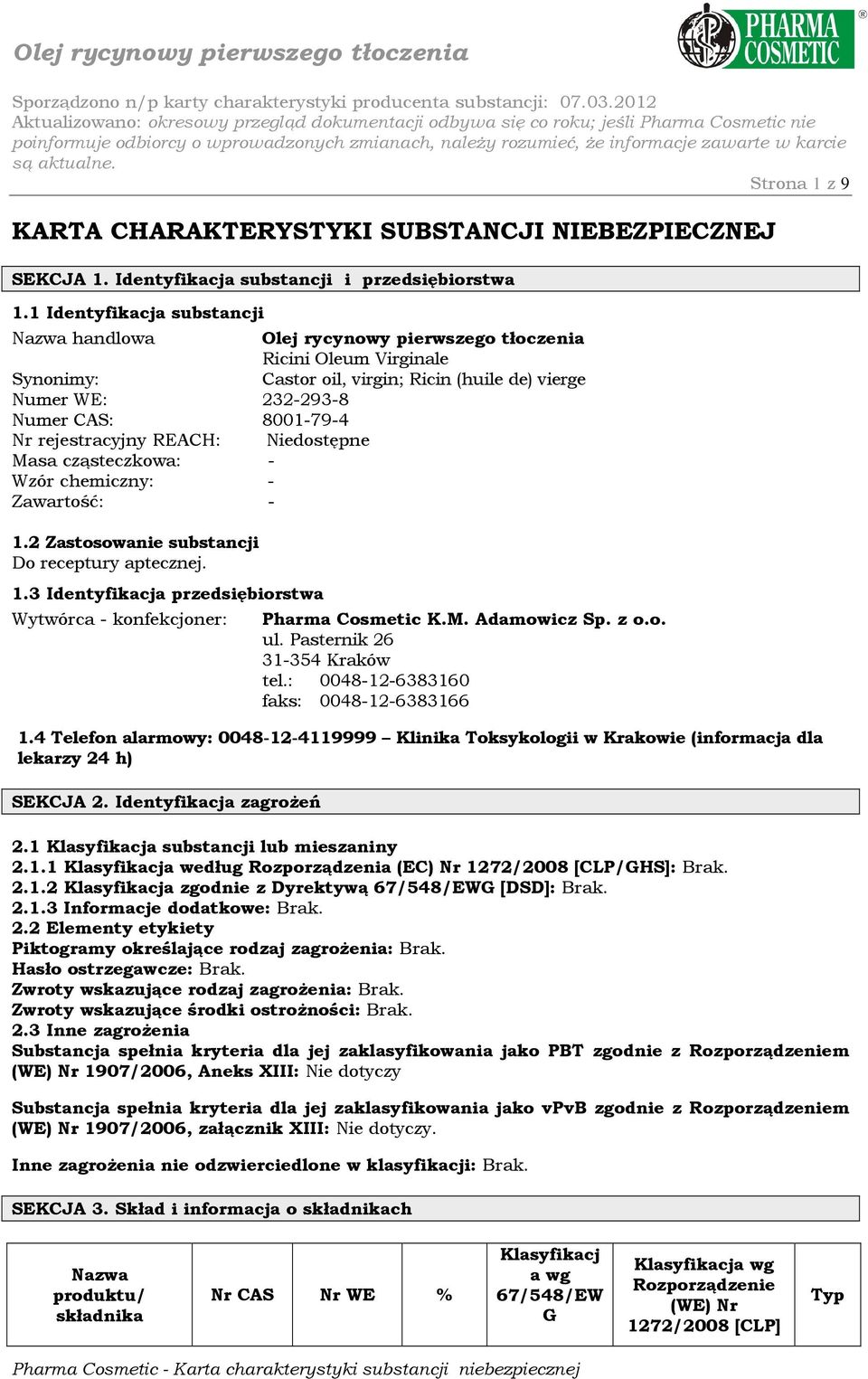 rejestracyjny REACH: Niedostępne Masa cząsteczkowa: - Wzór chemiczny: - Zawartość: - 1.2 Zastosowanie substancji Do receptury aptecznej. 1.3 Identyfikacja przedsiębiorstwa Wytwórca - konfekcjoner: Pharma Cosmetic K.