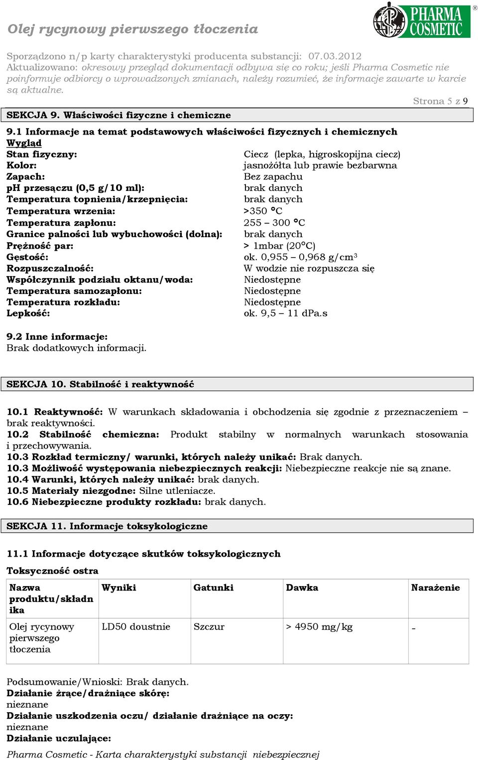 przesączu (0,5 g/10 ml): brak danych Temperatura topnienia/krzepnięcia: brak danych Temperatura wrzenia: >350 C Temperatura zapłonu: 255 300 C Granice palności lub wybuchowości (dolna): brak danych