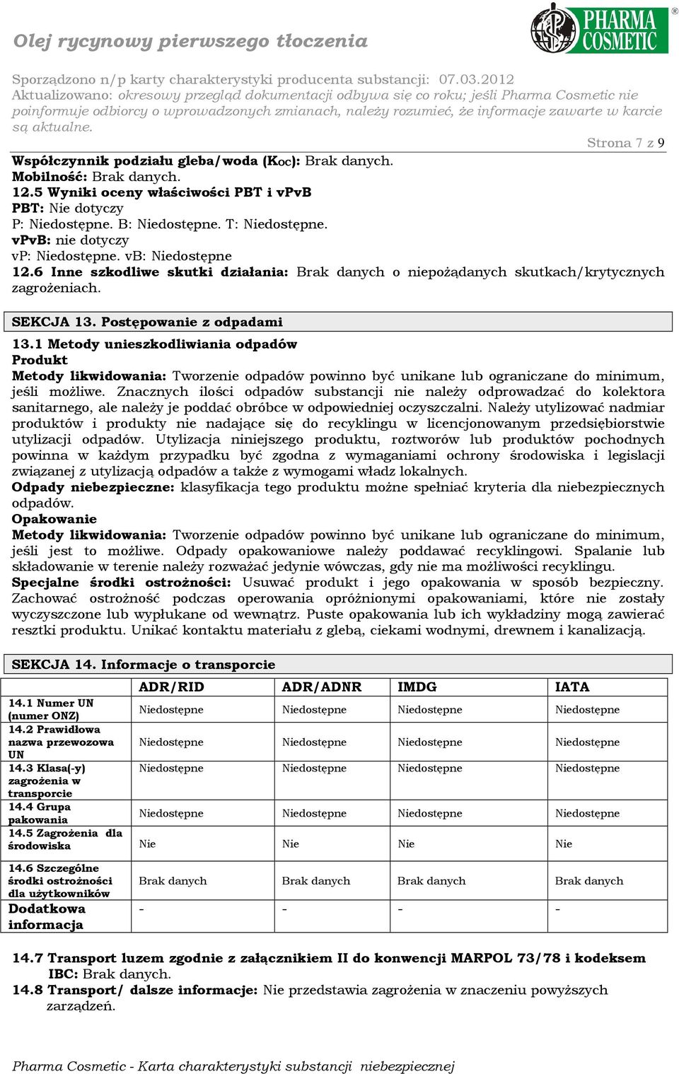 1 Metody unieszkodliwiania odpadów Produkt Metody likwidowania: Tworzenie odpadów powinno być unikane lub ograniczane do minimum, jeśli moŝliwe.