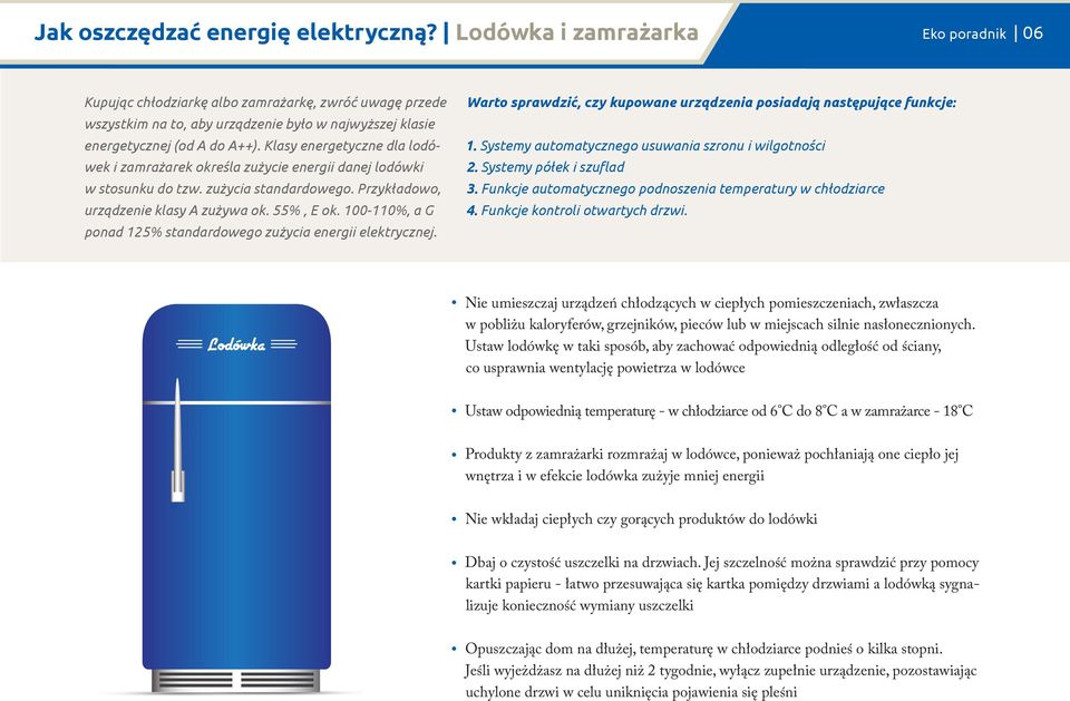 Klasy energetyczne dla lodówek i zamrażarek określa zużycie energii danej lodówki w stosunku do tzw. zużycia standardowego. Przykładowo, urządzenie klasy A zużywa ok. 55%, E ok.