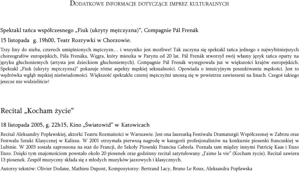 Tak zaczyna się spektakl tańca jednego z najwybitniejszych choreografów europejskich, Pála Frenáka, Węgra, który mieszka w Paryżu od 20 lat.