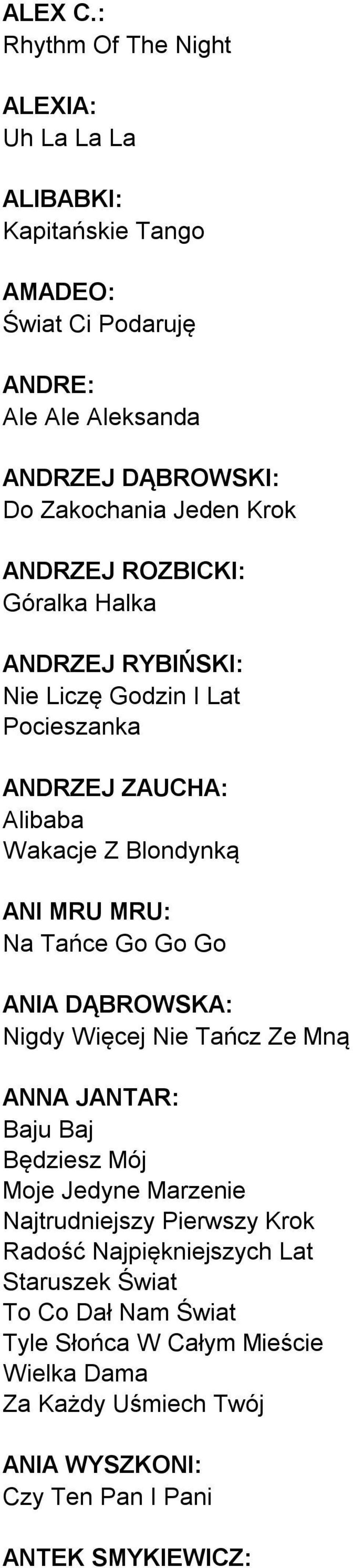 Krok ANDRZEJ ROZBICKI: Góralka Halka ANDRZEJ RYBIŃSKI: Nie Liczę Godzin I Lat Pocieszanka ANDRZEJ ZAUCHA: Alibaba Wakacje Z Blondynką ANI MRU MRU: Na Tańce Go