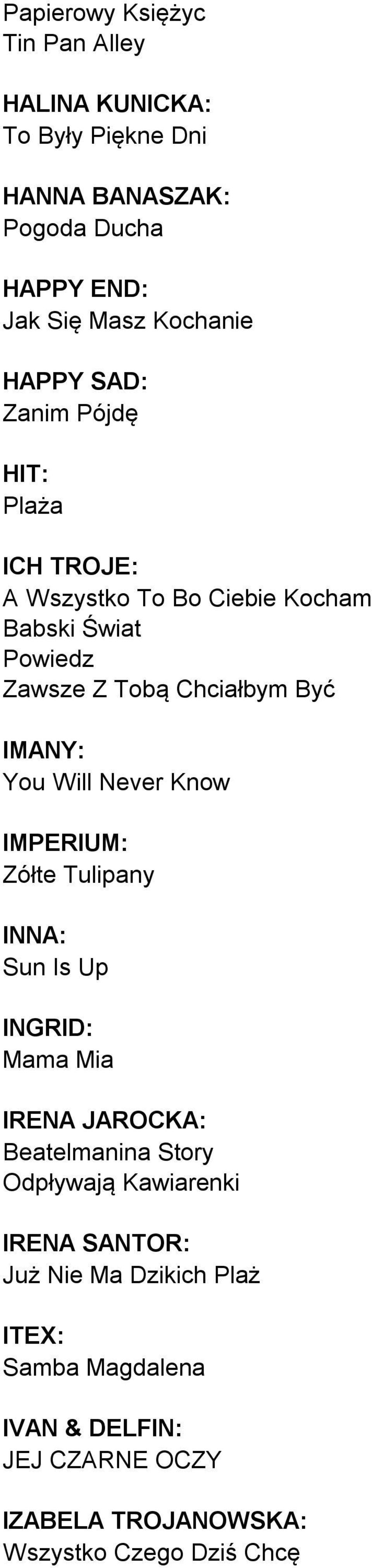 You Will Never Know IMPERIUM: Zółte Tulipany INNA: Sun Is Up INGRID: Mama Mia IRENA JAROCKA: Beatelmanina Story Odpływają Kawiarenki