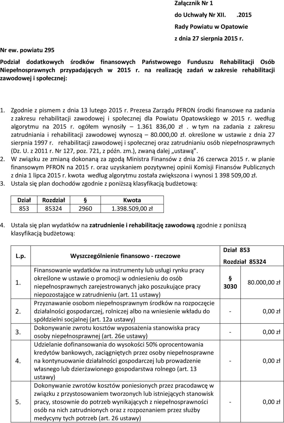 Zgodnie z pismem z dnia 13 lutego 2015 r. Prezesa Zarządu PFRON środki finansowe na zadania z zakresu rehabilitacji zawodowej i społecznej dla Powiatu Opatowskiego w 2015 r.