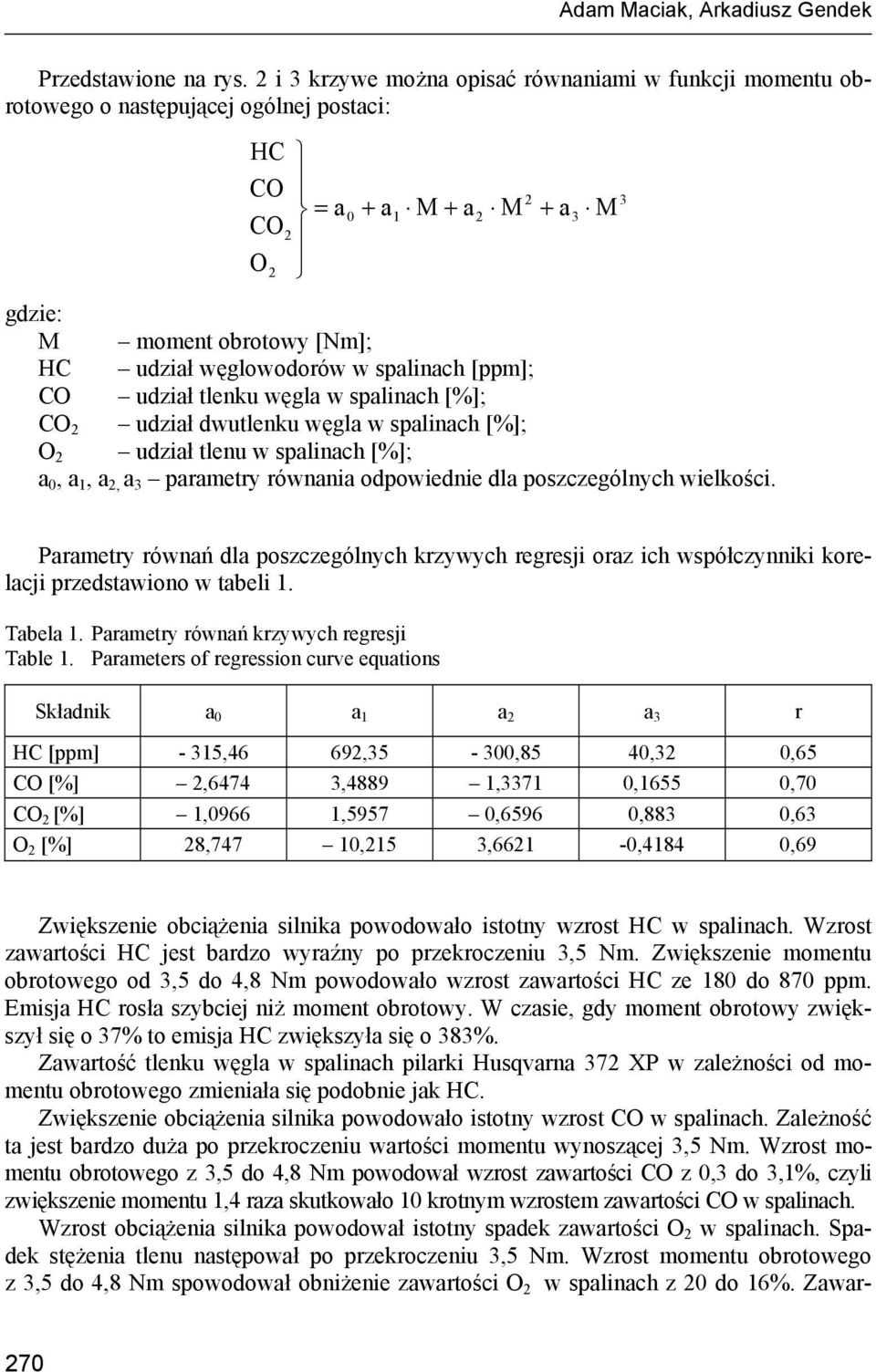 [ppm]; CO udział tlenku węgla w spalinach [%]; CO udział dwutlenku węgla w spalinach [%]; O udział tlenu w spalinach [%]; a, a 1, a, a 3 parametry równania odpowiednie dla poszczególnych wielkości.