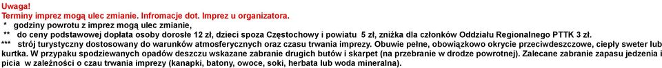 Regionalnego PTTK 3 zł. strój turystyczny dostosoany do arunkó atmosferycznych oraz czasu trania imprezy.