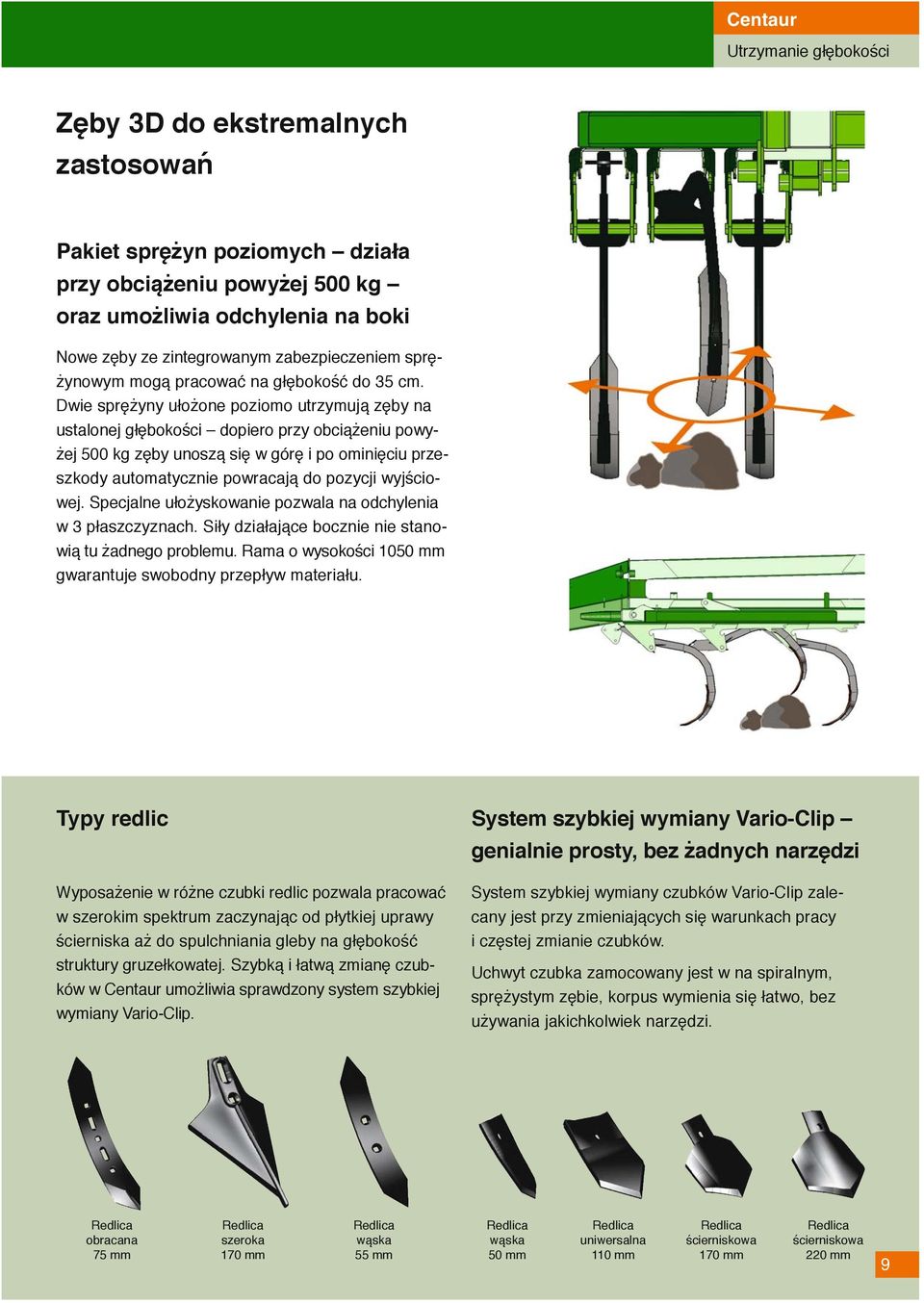 Dwie sprężyny ułożone poziomo utrzymują zęby na ustalonej głębokości dopiero przy obciążeniu powyżej 500 kg zęby unoszą się w górę i po ominięciu przeszkody automatycznie powracają do pozycji