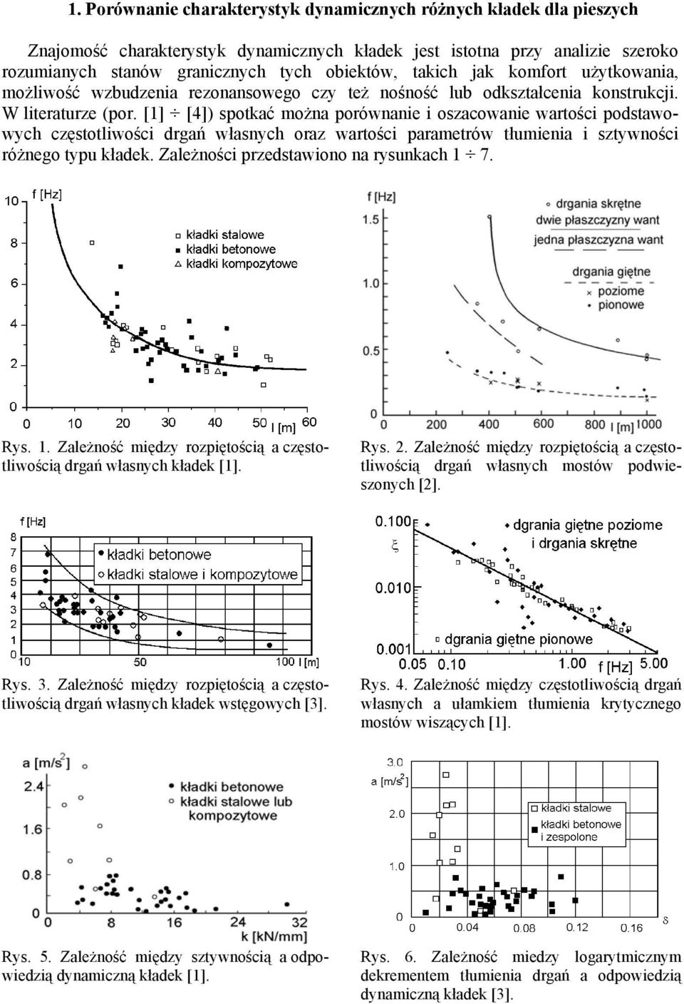 [1] [4]) spotkać można porównanie i oszacowanie wartości podstawowych częstotliwości drgań własnych oraz wartości parametrów tłumienia i sztywności różnego typu kładek.