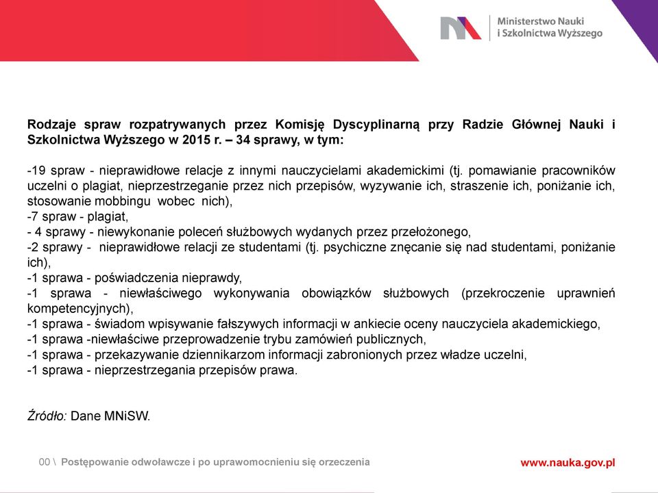 pomawianie pracowników uczelni o plagiat, nieprzestrzeganie przez nich przepisów, wyzywanie ich, straszenie ich, poniżanie ich, stosowanie mobbingu wobec nich), -7 spraw - plagiat, - 4 sprawy -