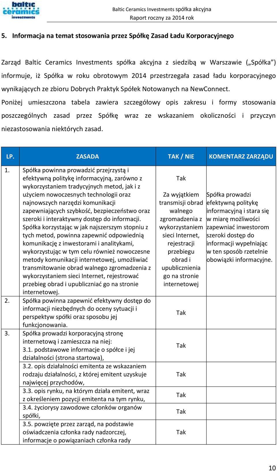 Poniżej umieszczona tabela zawiera szczegółowy opis zakresu i formy stosowania poszczególnych zasad przez Spółkę wraz ze wskazaniem okoliczności i przyczyn niezastosowania niektórych zasad. LP.