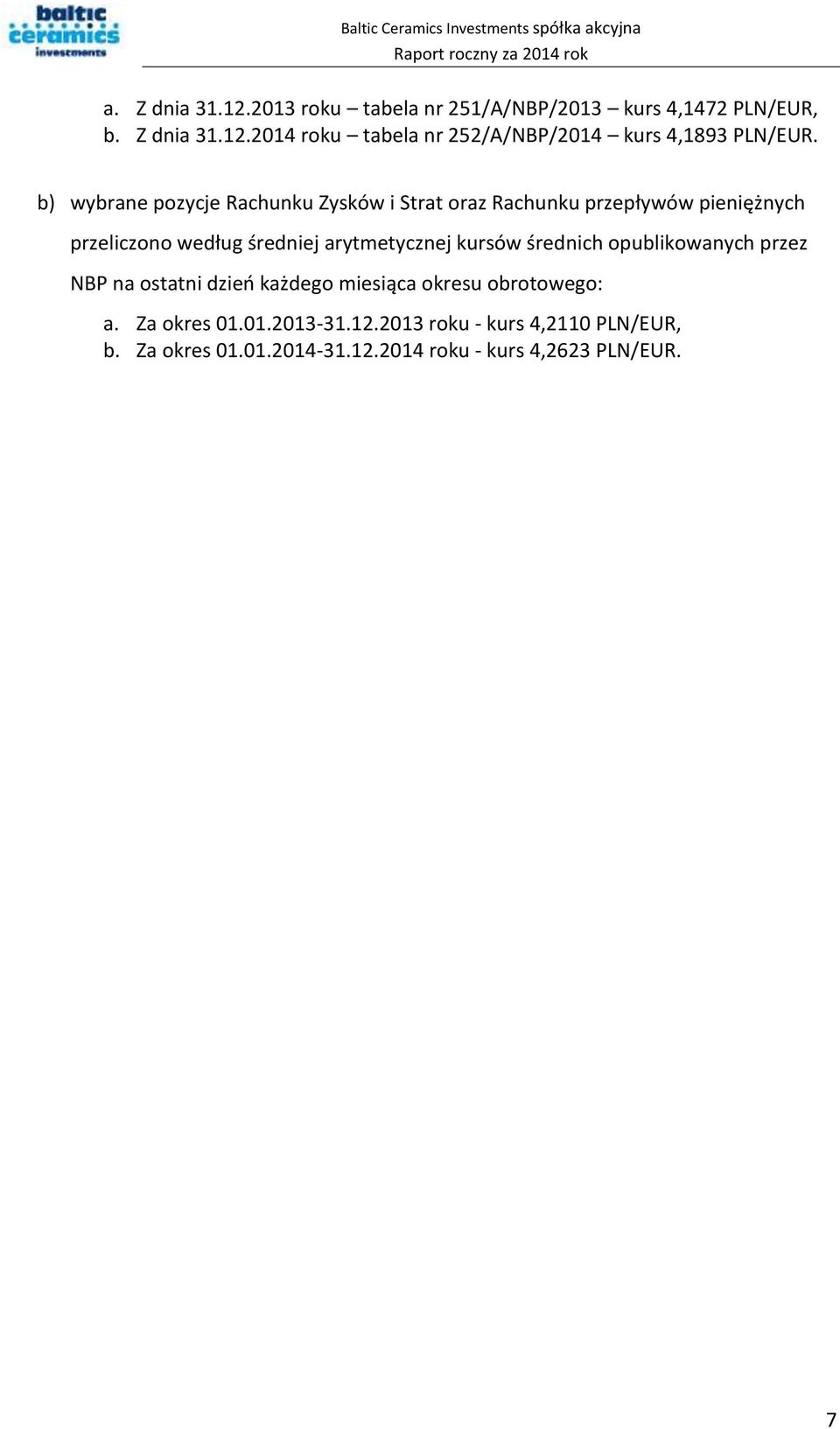 kursów średnich opublikowanych przez NBP na ostatni dzień każdego miesiąca okresu obrotowego: a. Za okres 01.01.2013-31.