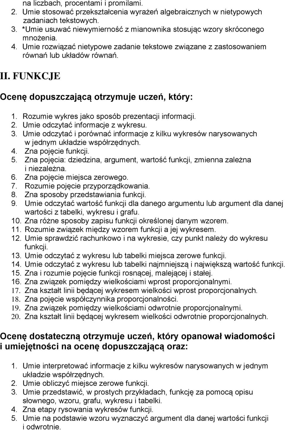 FUNKCJE Ocenę dopuszczającą otrzymuje uczeń, który: 1. Rozumie wykres jako sposób prezentacji informacji. 2. Umie odczytać informacje z wykresu. 3.