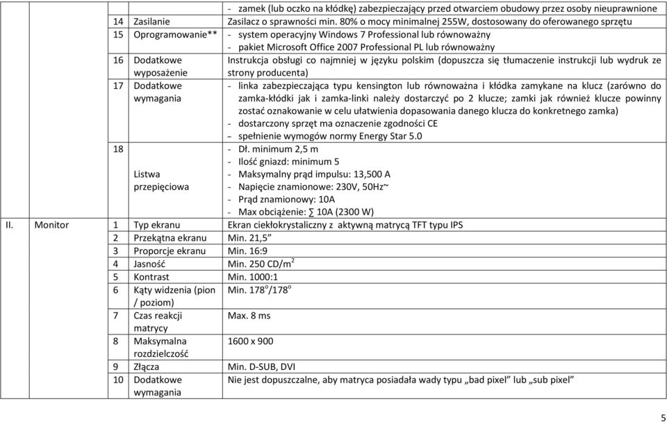 równoważny 16 Dodatkowe Instrukcja obsługi co najmniej w języku polskim (dopuszcza się tłumaczenie instrukcji lub wydruk ze wyposażenie 17 Dodatkowe wymagania 18 Listwa przepięciowa strony