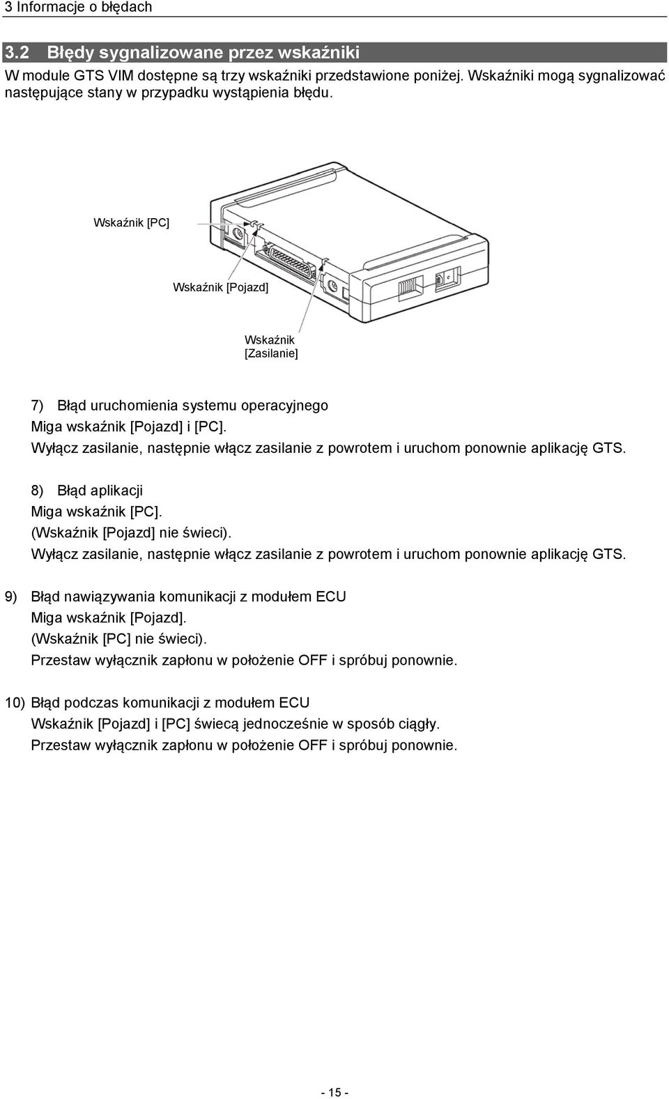 Wskaźnik [PC] Wskaźnik [Pojazd] Wskaźnik [Zasilanie] 7) Błąd uruchomienia systemu operacyjnego Miga wskaźnik [Pojazd] i [PC].