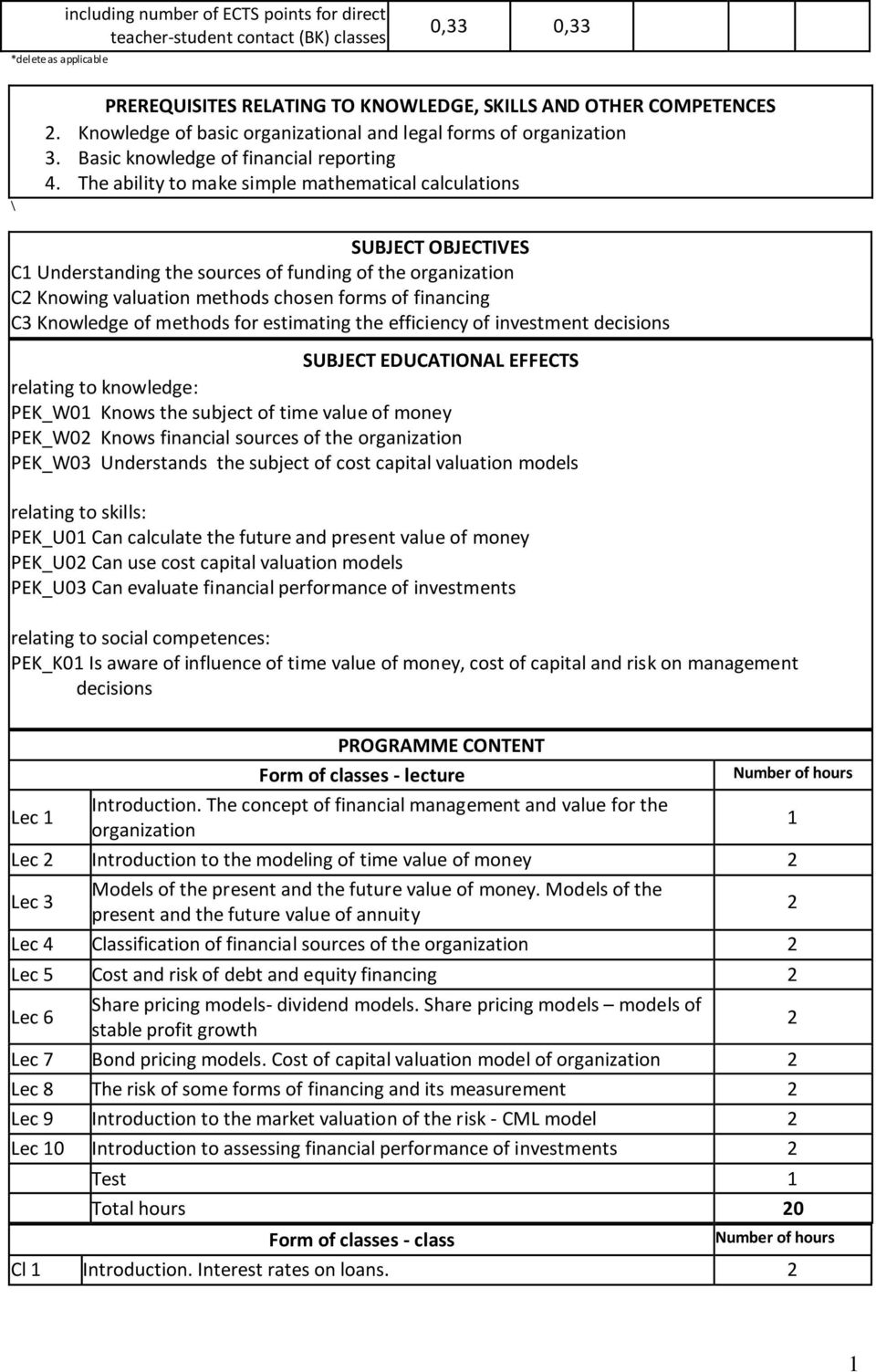 The ability to make simple mathematical calculations SUBJECT OBJECTIVES C Understanding the sources of funding of the organization C Knowing valuation methods chosen forms of financing C Knowledge of