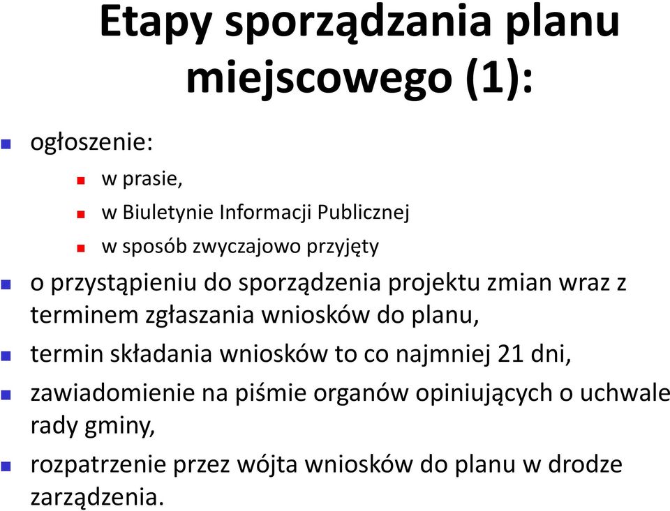 wniosków do planu, termin składania wniosków to co najmniej 21 dni, zawiadomienie na piśmie organów