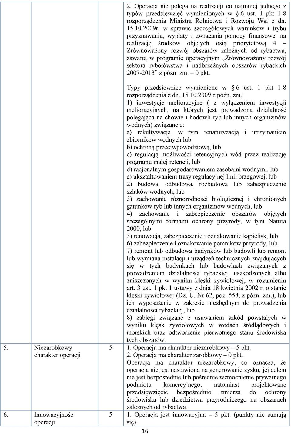 zawartą w programie operacyjnym Zrównoważony rozwój sektora rybołówstwa i nadbrzeżnych obszarów rybackich 2007-2013 z późn. zm. 0 pkt.. Niezarobkowy charakter operacji 6.