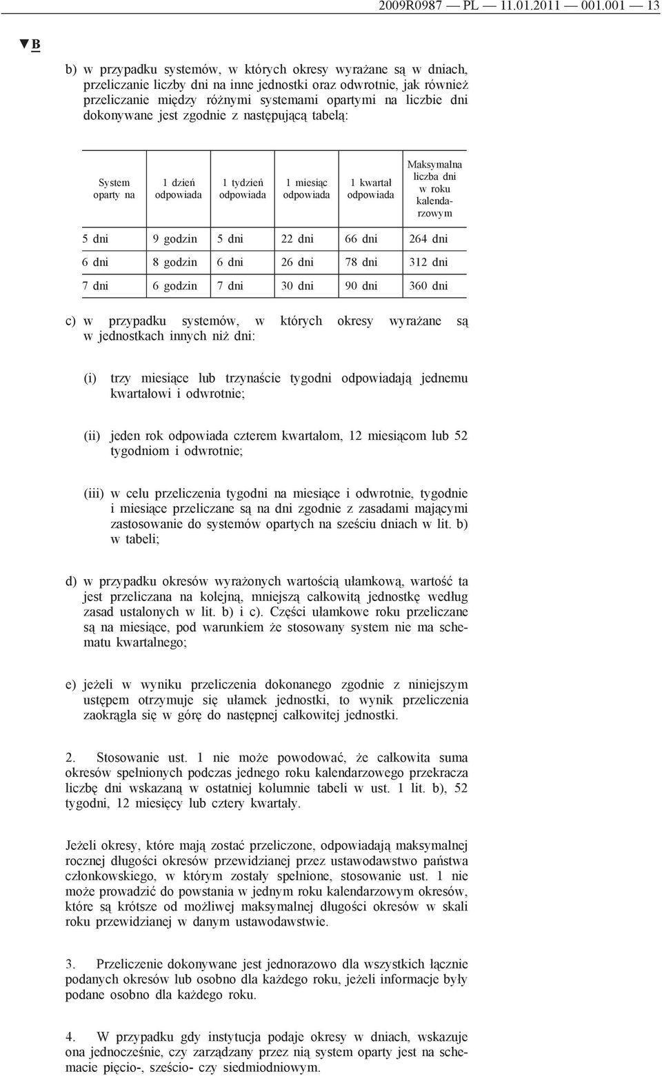 dni dokonywane jest zgodnie z następującą tabelą: System oparty na 1 dzień odpowiada 1 tydzień odpowiada 1 miesiąc odpowiada 1 kwartał odpowiada Maksymalna liczba dni w roku kalendarzowym 5 dni 9