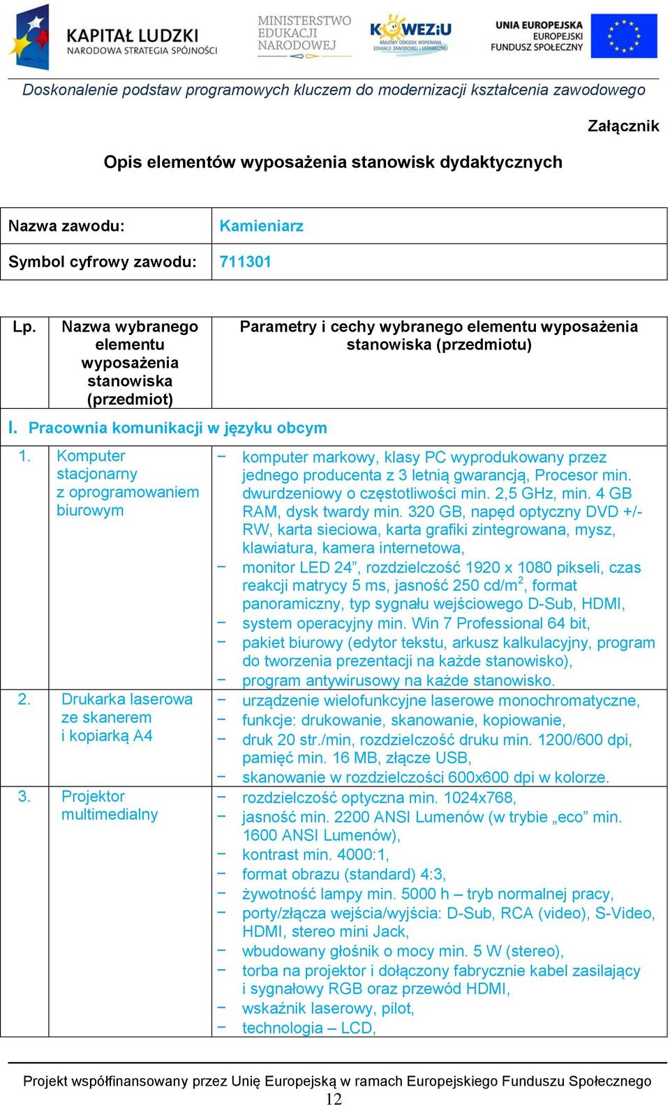 Projektor multimedialny Parametry i cechy wybranego elementu wyposażenia stanowiska (przedmiotu) komputer markowy, klasy PC wyprodukowany przez jednego producenta z 3 letnią gwarancją, Procesor min.