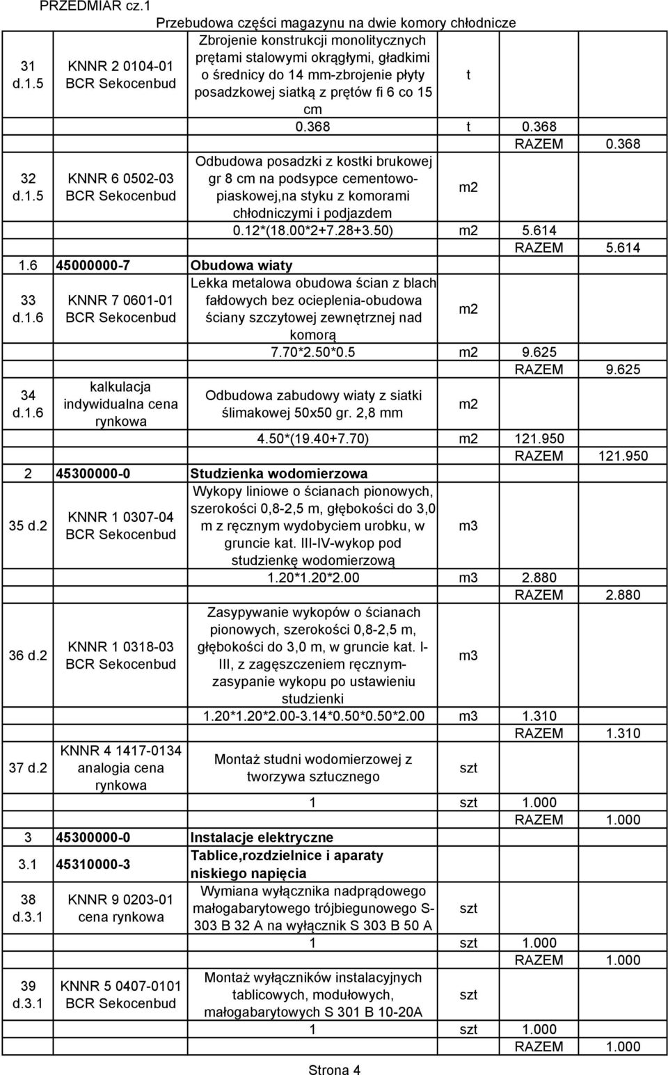 368 Odbudowa posadzki z koski brukowej gr 8 cm na podsypce cemenowopiaskowej,na syku z komorami chłodniczymi i podjazdem 0.12*(18.00*2+7.28+3.50) 5.614 RAZEM 5.