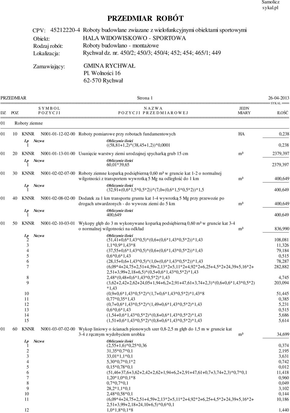Wolności 16 62-570 Rychwał PRZEDMIAR Strona 1 26-04-2013 01 Roboty ziemne P R Z E D M I A R O W E J 01 10 KNNR N001-01-12-02-00 Roboty pomiarowe przy robotach fundamentowych HA 0,238 1