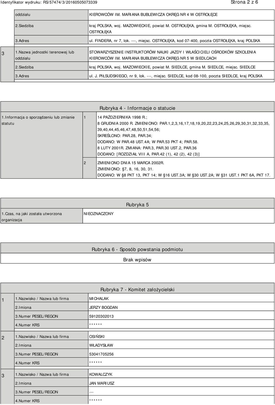 OSTROŁĘKA, kod 07-400, poczta OSTROŁĘKA, kraj POLSKA STOWARZYSZENIE INSTRUKTORÓW NAUKI JAZDY I WŁAŚCICIELI OŚRODKÓW SZKOLENIA KIEROWCÓW IM. MARIANA BUBLEWICZA OKRĘG NR 5 W SIEDLCACH kraj POLSKA, woj.