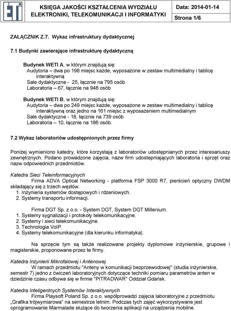 25, łącznie na 795 osób Laboratoria 67, łącznie na 948 osób Budynek WETI B, w którym znajdują się: Audytoria dwa po 249 miejsc każde, wyposażone w zestaw multimedialny i tablicę interaktywną oraz