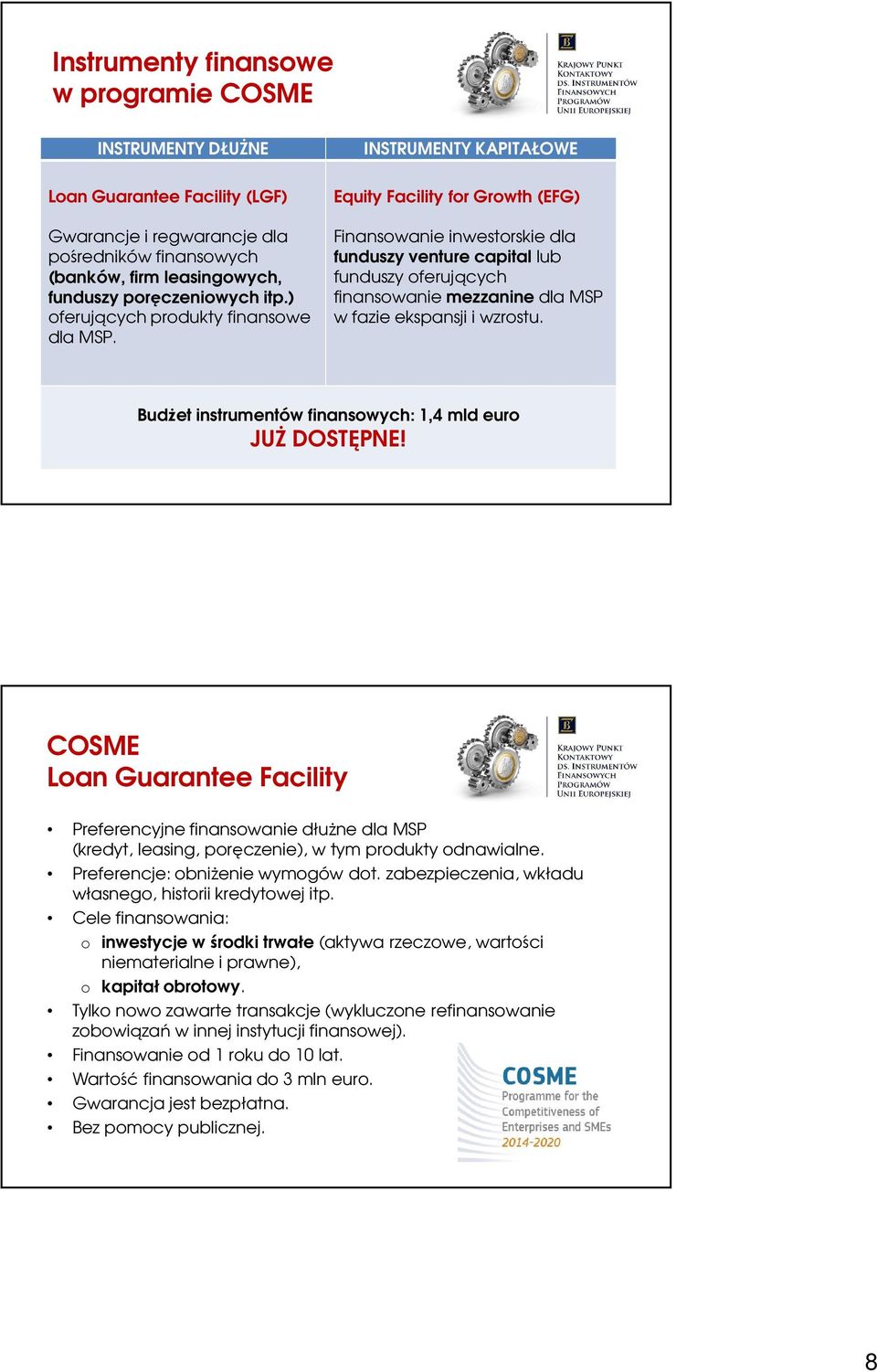 INSTRUMENTY KAPITAŁOWE Equity Facility for Growth (EFG) Finansowanie inwestorskie dla funduszy venture capital lub funduszy oferujących finansowanie mezzanine dla MSP w fazie ekspansji i wzrostu.