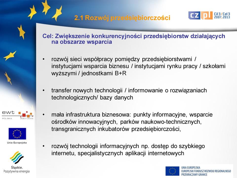 informowanie o rozwiązaniach technologicznych/ bazy danych mała infrastruktura biznesowa: punkty informacyjne, wsparcie ośrodków innowacyjnych, parków