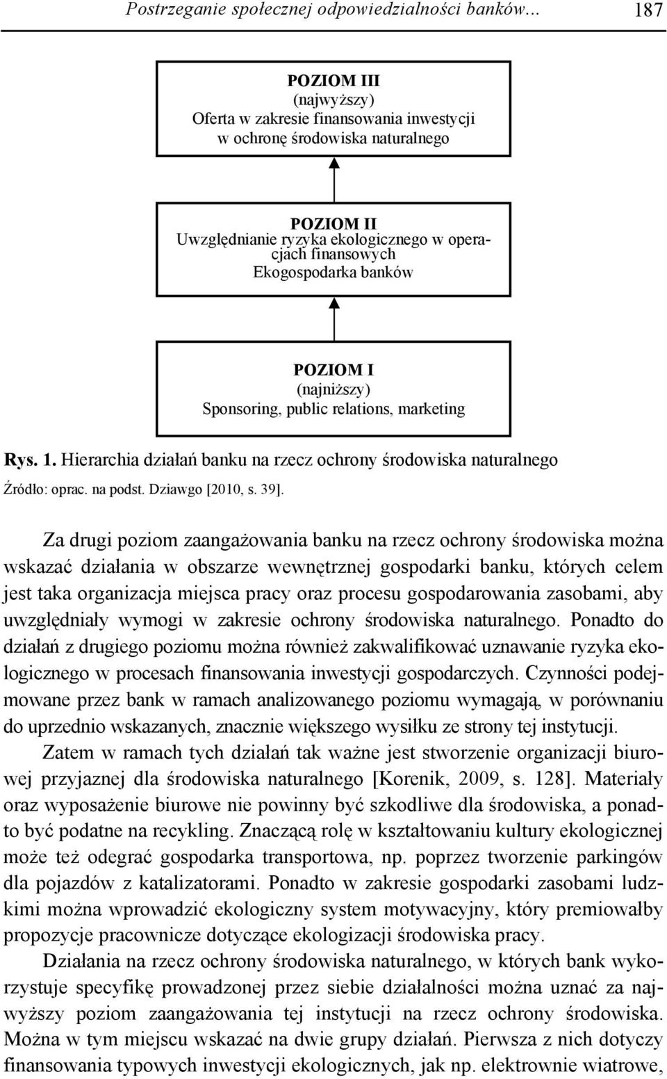 POZIOM I (najniższy) Sponsoring, public relations, marketing Rys. 1. Hierarchia działań banku na rzecz ochrony środowiska naturalnego Źródło: oprac. na podst. Dziawgo [2010, s. 39].