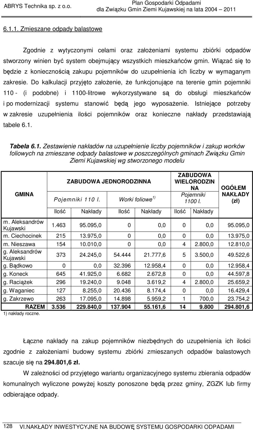 Do kalkulacji przyjęto załoŝenie, Ŝe funkcjonujące na terenie gmin pojemniki 110 - (i podobne) i 1100-litrowe wykorzystywane są do obsługi mieszkańców i po modernizacji systemu stanowić będą jego