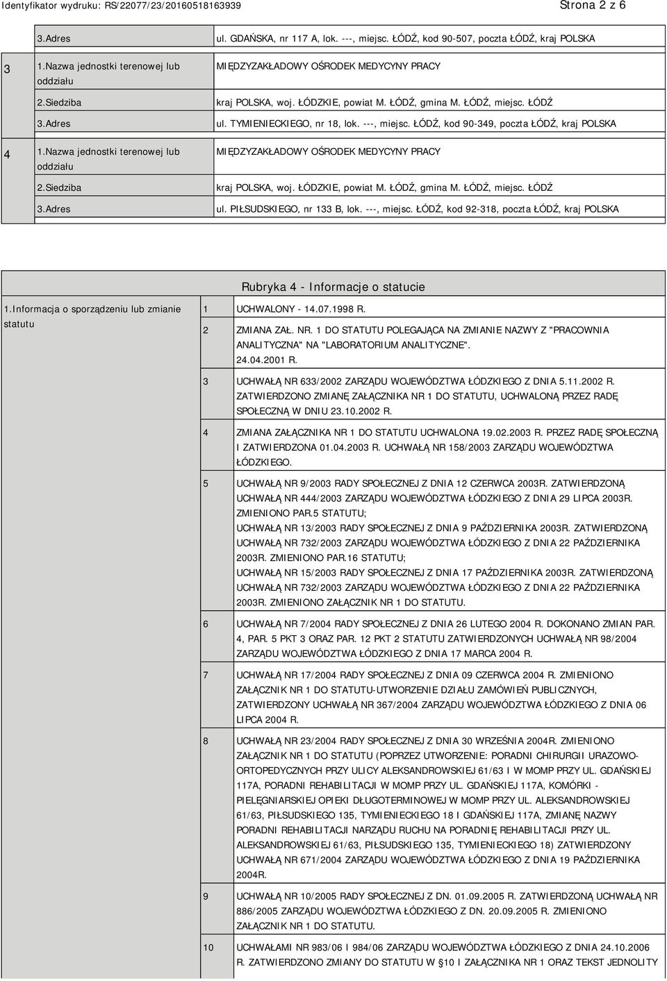 Informacja o sporządzeniu lub zmianie statutu 1 UCHWALONY - 14.07.1998 R. 2 ZMIANA ZAŁ. NR. 1 DO STATUTU POLEGAJĄCA NA ZMIANIE NAZWY Z "PRACOWNIA ANALITYCZNA" NA "LABORATORIUM ANALITYCZNE". 24.04.