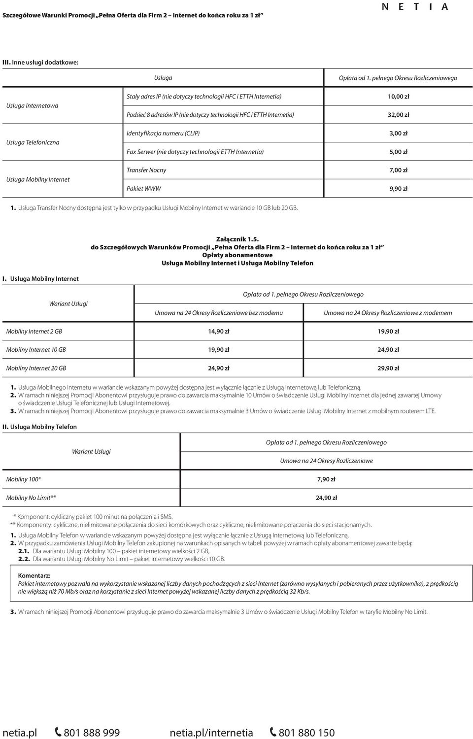 pełnego Okresu 10,00 zł 3 3,00 zł 5,00 zł 7,00 zł 9,90 zł 1. Usługa Transfer Nocny dostępna jest tylko w przypadku Usługi Mobilny Internet w wariancie 10 GB lub 20 GB. I. Usługa Mobilny Internet Załącznik 1.