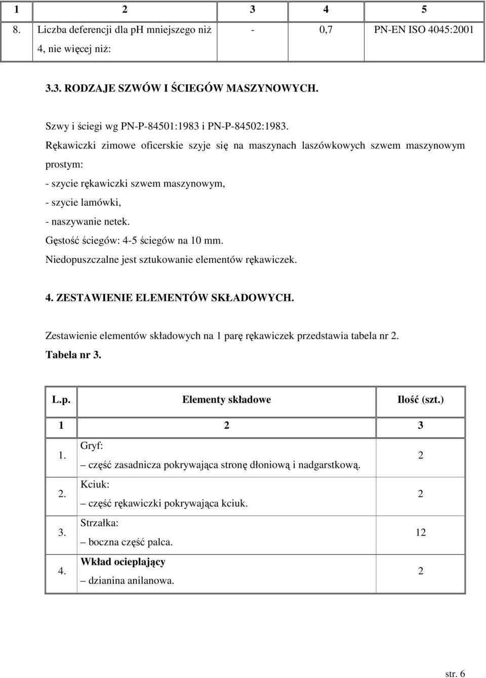 Gęstość ściegów: 4-5 ściegów na 10 mm. Niedopuszczalne jest sztukowanie elementów rękawiczek. 4. ZESTAWIENIE ELEMENTÓW SKŁADOWYCH.