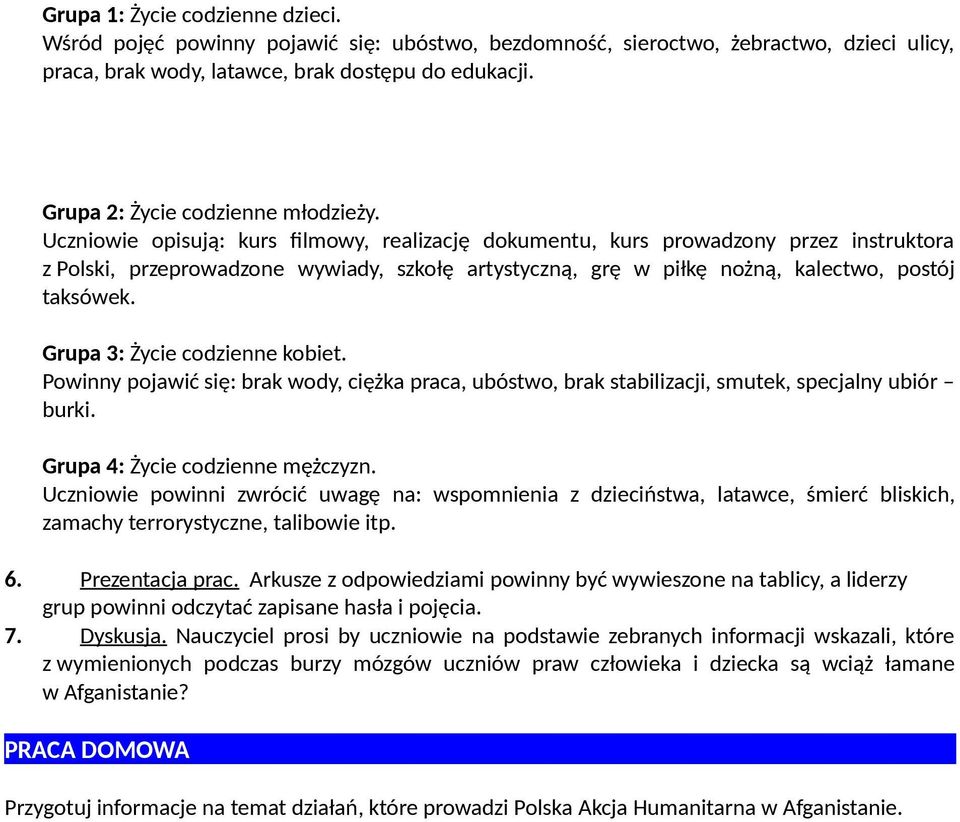 Uczniowie opisują: kurs filmowy, realizację dokumentu, kurs prowadzony przez instruktora z Polski, przeprowadzone wywiady, szkołę artystyczną, grę w piłkę nożną, kalectwo, postój taksówek.