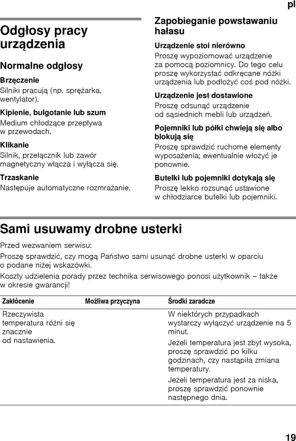 Zapobieganie powstawaniu hałasu Urządzenie stoi nierówno Proszę wypoziomować urządzenie za pomocą poziomnicy. Do tego celu proszę wykorzystać odkręcane nóżki urządzenia lub podłożyć coś pod nóżki.