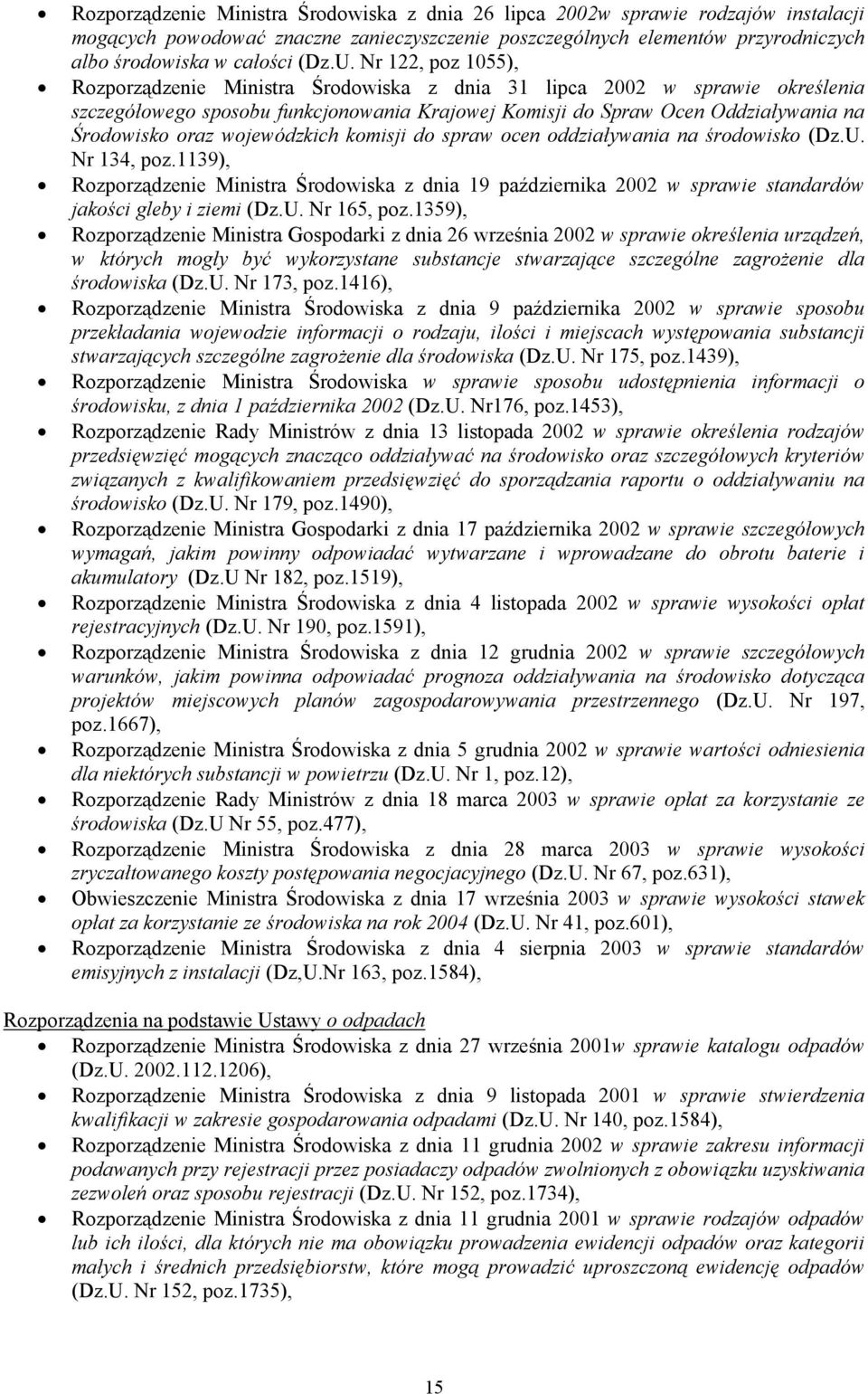 wojewódzkich komisji do spraw ocen oddziaływania na środowisko (Dz.U. Nr 134, poz.1139), Rozporządzenie Ministra Środowiska z dnia 19 października 2002 w sprawie standardów jakości gleby i ziemi (Dz.