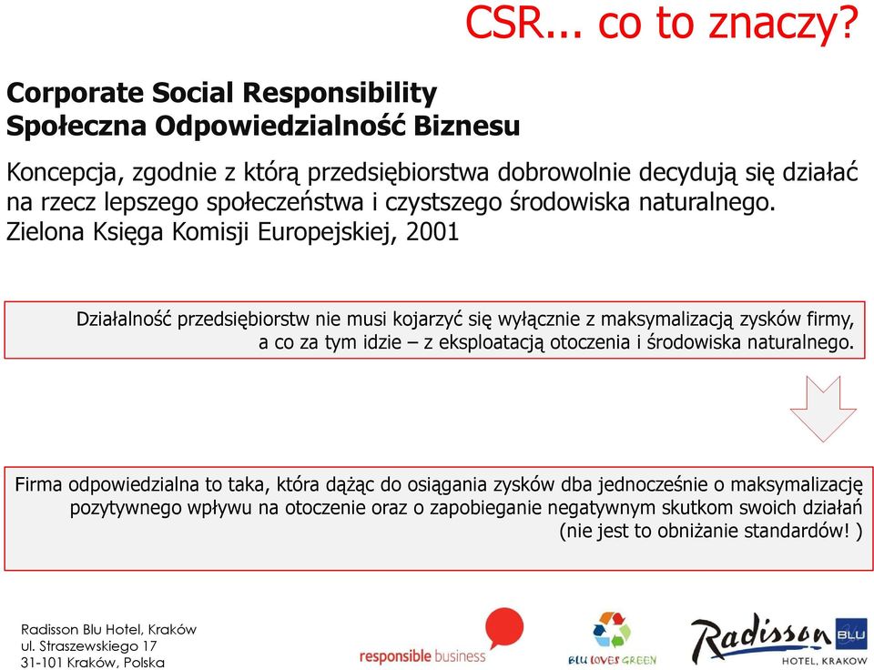 Zielona Księga Komisji Europejskiej, 2001 Działalność przedsiębiorstw nie musi kojarzyć się wyłącznie z maksymalizacją zysków firmy, a co za tym idzie z