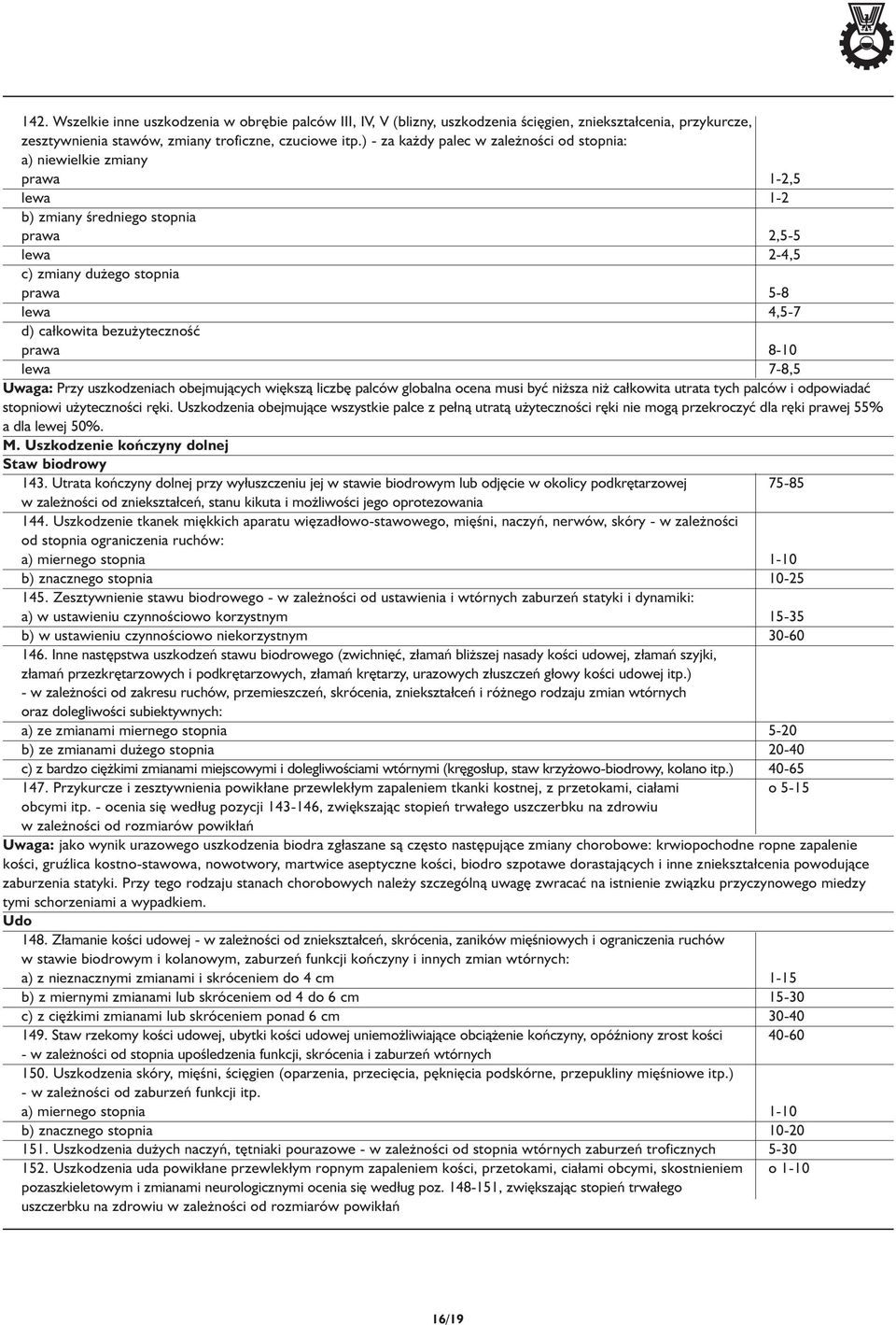 bezużyteczność prawa 8-10 lewa 7-8,5 Uwaga: Przy uszkodzeniach obejmujących większą liczbę palców globalna ocena musi być niższa niż całkowita utrata tych palców i odpowiadać stopniowi użyteczności