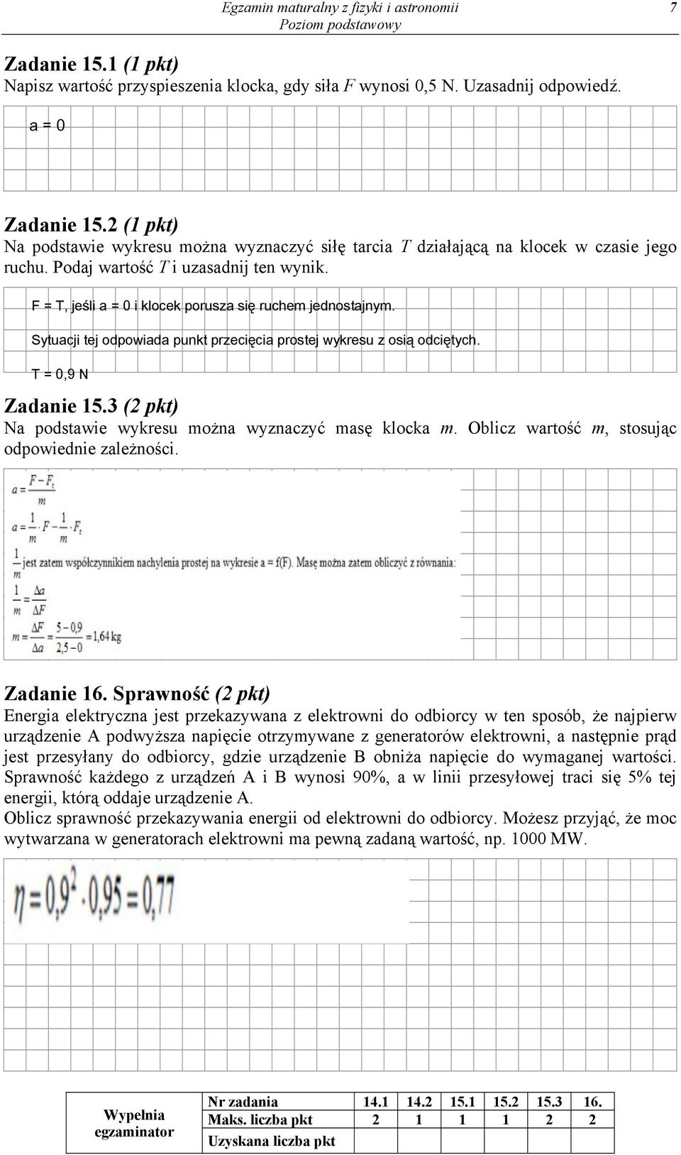 F = T, jeśli a = 0 i klocek porusza się ruchem jednostajnym. Sytuacji tej odpowiada punkt przecięcia prostej wykresu z osią odciętych. T = 0,9 N Zadanie 15.