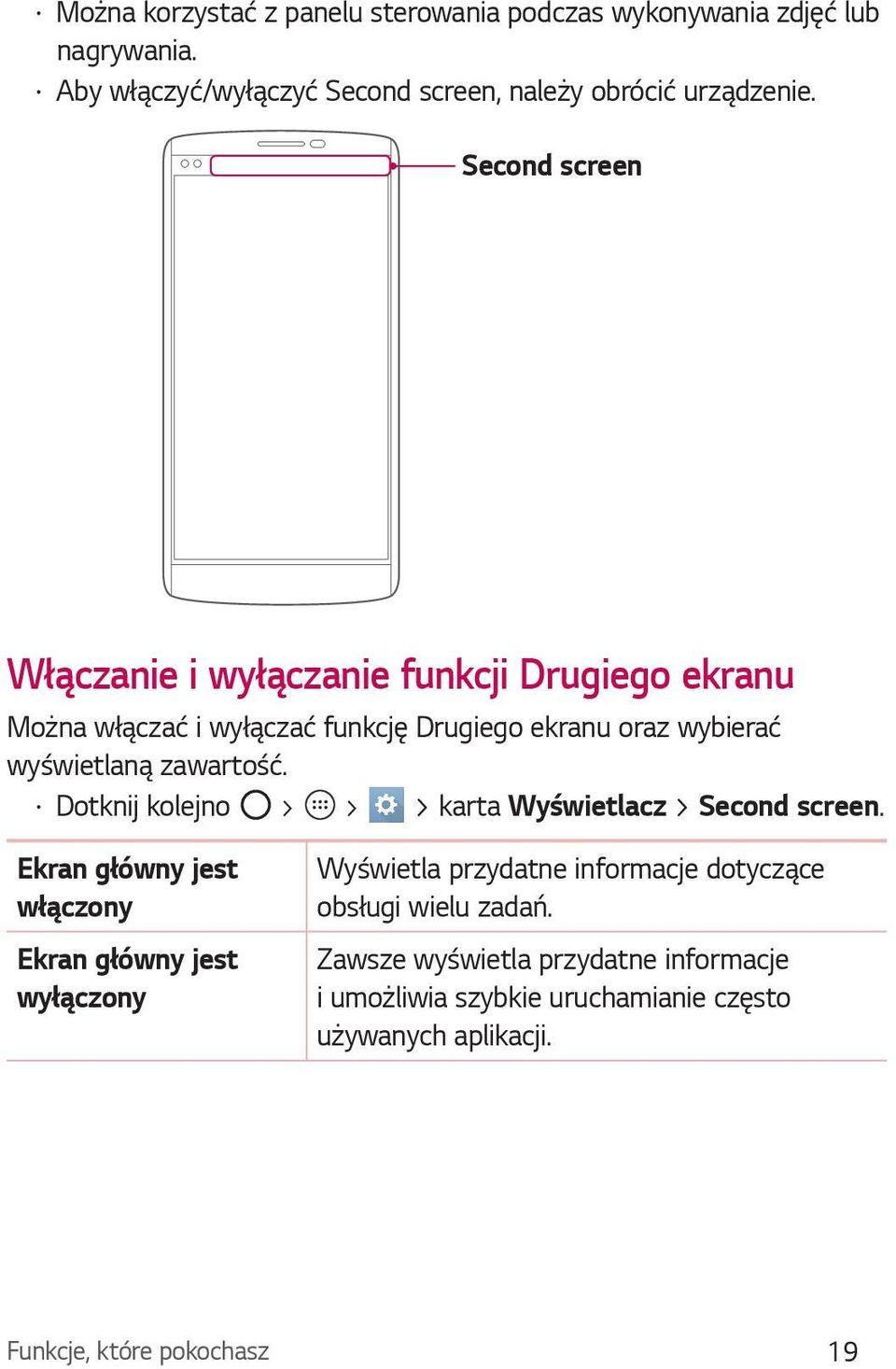 Dotknij kolejno > > > karta Wyświetlacz > Second screen.