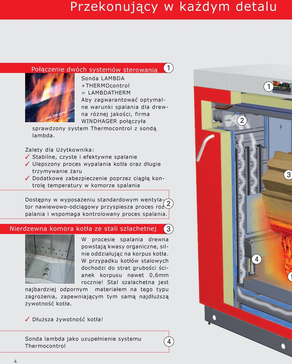 1 2 1 Zalety dla Użytkownika: Stabilne, czyste i efektywne spalanie Ulepszony proces wypalania kotła oraz długie trzymywanie żaru Dodatkowe zabezpieczenie poprzez ciągłą kontrolę temperatury w