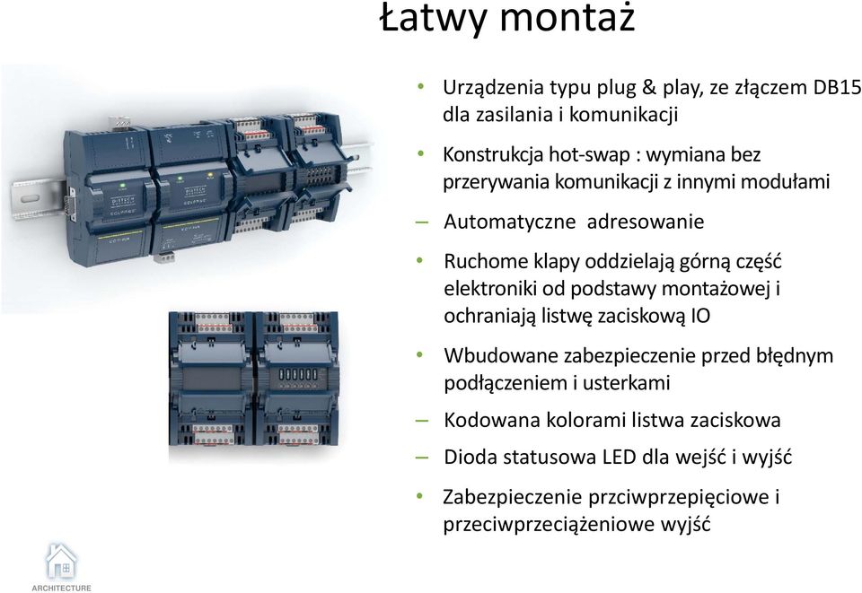 podstawy montażowej i ochraniają listwę zaciskową IO Wbudowane zabezpieczenie przed błędnym podłączeniem i usterkami