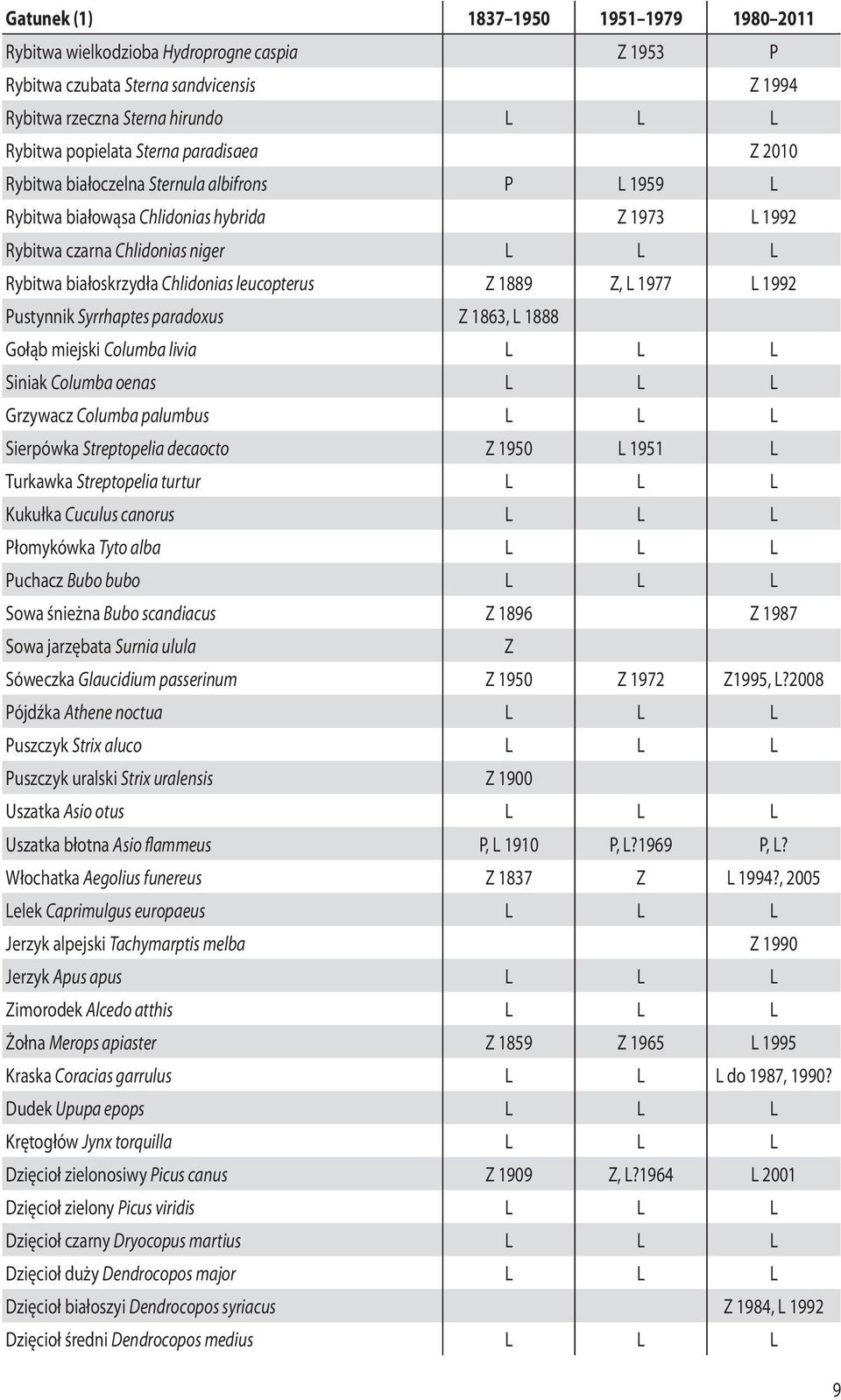 Syrrhaptes paradoxus Z 1863, L 1888 Gołąb miejski Columba livia L L L Siniak Columba oenas L L L Grzywacz Columba palumbus L L L Sierpówka Streptopelia decaocto Z 1950 L 1951 L Turkawka Streptopelia